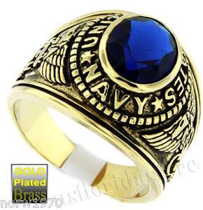 Mens Dark Blue US Navy Military Gold Plated Ring Size 13 3/4  