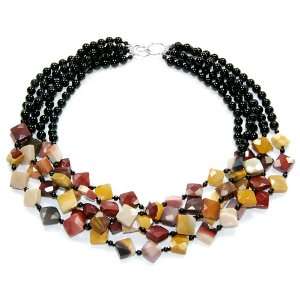  5 Strand Black Onyx Knotted with Faceted Mookaite Necklace 
