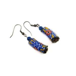 , African Sand Cast Multi Color Curved Tube Bead with Lapis Bead 