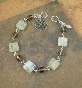Aquamarine & Quartz Silver Tree of Life Charm Bracelet  