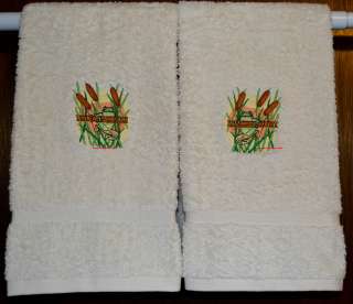 FROG & CATTAILS   2 EMBROIDERED BATH HAND TOWELS  