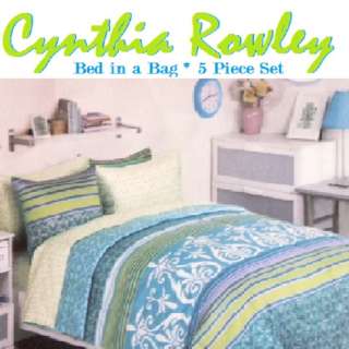 CYNTHIA ROWLEY 5pc TWIN/XL DORM BED IN BAG SET TEAL LIME PURPLE SCROLL 