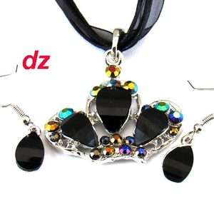 H9035 black Wedding Gemstone Royal Crown Necklace Pendant Earrings Set 
