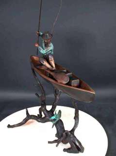 Bronze Sculpture Fisherman w Rod in Fishing Boat Canoe  