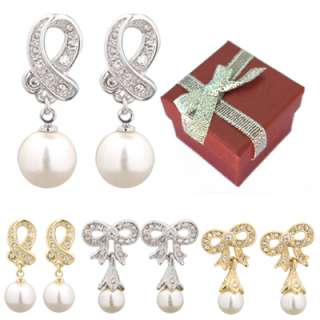 Pave Crystal Bow or Ribbon w/ Faux Pearl Drop Earrings  