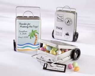 Sets of 12 “Miles of Memories” Suitcase Favor Tins with Optional 