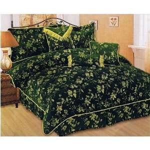 Queen Size Chenille Luxury Forest Green & Gold Bed in a Bag Comforter 