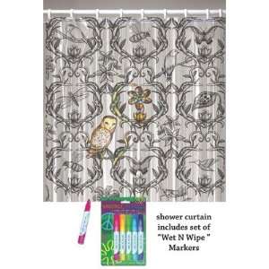 Nature Damask Shower Curtain in Black and White with Wipe 