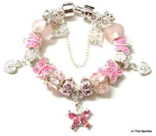 Pink Crystal Butterfly Heart Child Girls Charm Bead European Bracelet