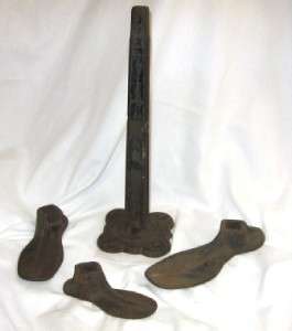 Antique Cast Iron Shoe Cobbler Stand With 3 Shoe Molds  