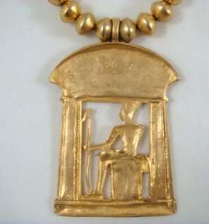   Gold Brass Tone Egyptian Themed Figural Chunky Necklace 16  