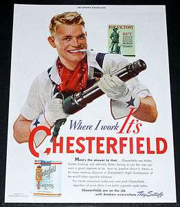   MAGAZINE PRINT AD, CHESTERFIELD CIGARETTES, WARTIME WORKER ART  