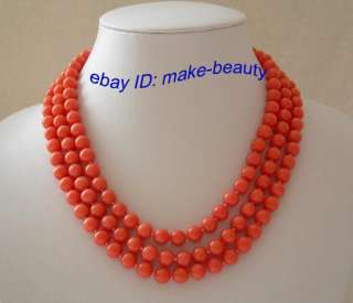 stunning 3rows 8mm round pink natural coral beads necklace  