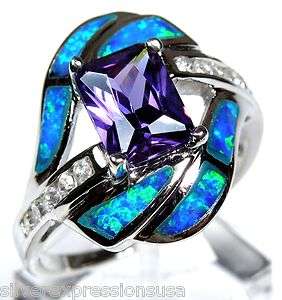   cut Amethyst and Blue Fire Opal Inlay 925 Sterling Silver Ring  