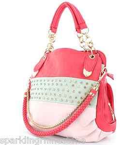 HOt Celebrity Style Vegan Leather Studds chain Pink Handbag+DG 