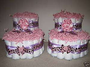 pink leopard and lavender Baby Booties Diaper Cakes  