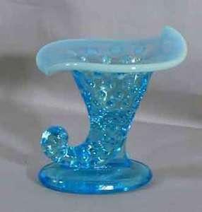 Fenton ? Small Blue Opalescent Hobnail Horn of Plenty Vase or Candle 