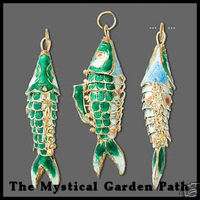 Gold Plated Green Moving Fish Cloisonne Charm Pendant 59x22mm  