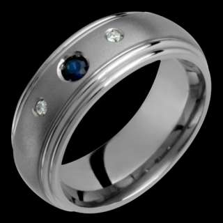 8mm Mens Titanium Ring Diamond & Sapphire Wedding Band  