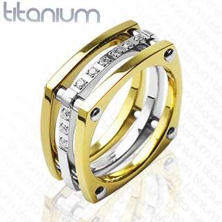 Mens solid titanium ring with IP Gold and CZ Stones wedding band 