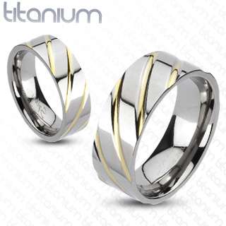 Solid titanium mens ring Diagonal Multi Groove Gold IP engagement 