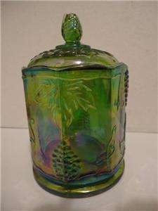 INDIANA RARE VINTAGE HARVEST GRAPE GREEN CARNIVAL GLASS CANISTER 