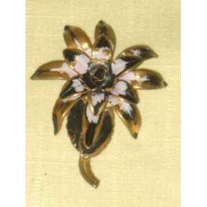 Flower Power Enamel  Black, Gold & Pinkish Peach  Flower Pin Brooch 