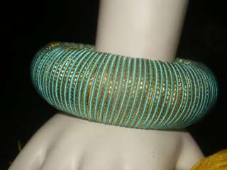 Vintage BLUE TEAL GOLD STRIPED THREADED BANGLE Bracelet  