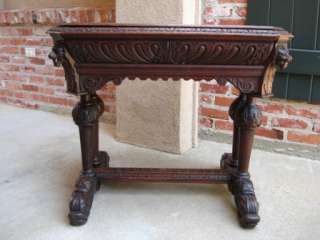 PETITE Antique English Carved Gothic Oak Dolphin Library Table Desk 