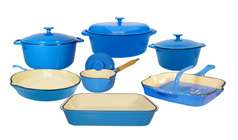 The enameled cast iron cookware set conducts and retains heat while 