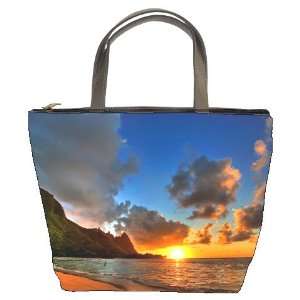 New Beach Sunrise Sunset Sun Ocean Bucket Bag Leather Purse Handbag 