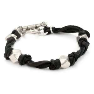  Ettika  Mens Silver Triple Faceted Bead Black Deerskin 