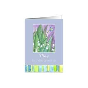 Happy May Birthday Greetings Lily of the Valley Flower Watercolor Card