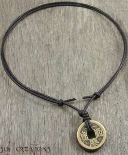 Mens Adjustable Leather Cord Surfer Necklace w/ Chinese Coin Pendant 