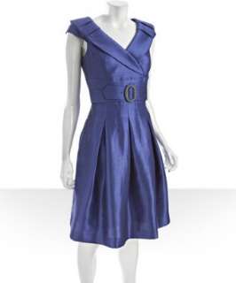 Tahari ASL periwinkle sateen twill belted v neck dress   up to 