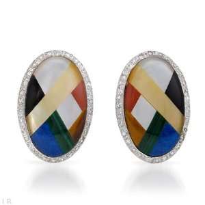  14K White Gold Lapis Lazuli and Malachite Ladies Earrings 