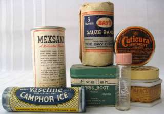Vintage First Aid Products Tins Jars Bottle Paper  