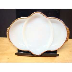  3 SECTION WHITE MILK GLASS RELISH DISH TRIMMED IN GOLD 