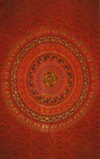 VIBRANT FIREY RED MANDALA TWIN TAPESTRY TABLECLOTH COVERLET WALL HANG 