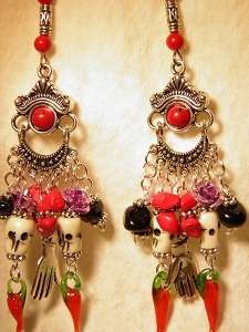   Day of the Dead FRIDA KAHLO Hands Earrings Onyx Ox Bone Skulls UNIQUE