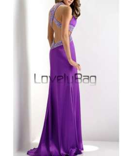 Purple Sexy Satin Beading Halter Empire Long Party Ball Prom Gown 