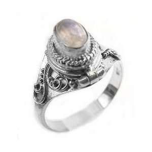   Silver Rainbow Moonstone Poison Box Locket Ring Size 6.5 Jewelry