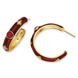   plated Sterling Silver Enam Simul. Red Coral/CZ Hoop Earrings Jewelry