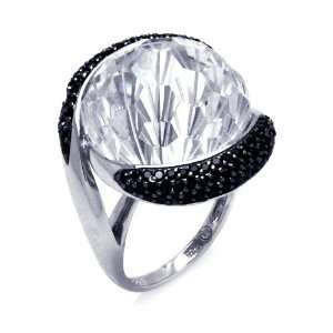    Sterling Silver Large CZ Center With Black CZ Ring Size 6 Jewelry