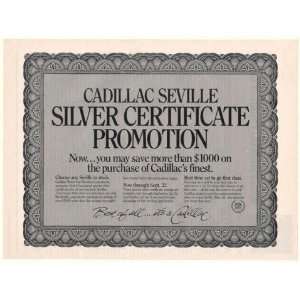  1982 Cadillac Seville Silver Certificate Promotion Print 