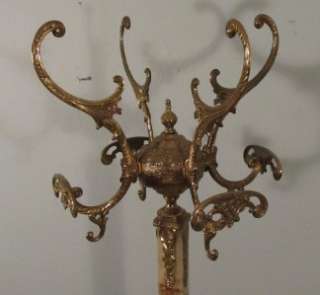 Ornate Antique Brass & Onyx Marble Coat Hat Rack Hall Tree Stand 