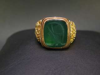 1980 Antique Men Signet Ring 18K Gold Roman Warrior Green Agate  