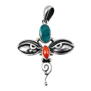   Silver Buddha Eye Turquoise and Coral Tibetan Pendant Jewelry