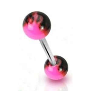 14g Surgical Steel Tongue Ring Piercing Barbell with Pink Flame Design 