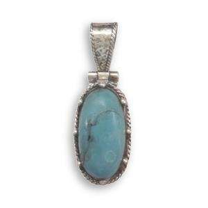 Oval Turquoise Antique Look Bead and Rope Sterling Silver Pendant , 20 
